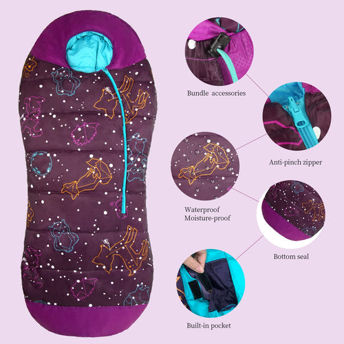 Acecamp Glow In The Dark Mummy Sleeping Bag For Kids And Youth, Temperature Rating 30F/-1C, Water-Resistant For Camping, Hiking,