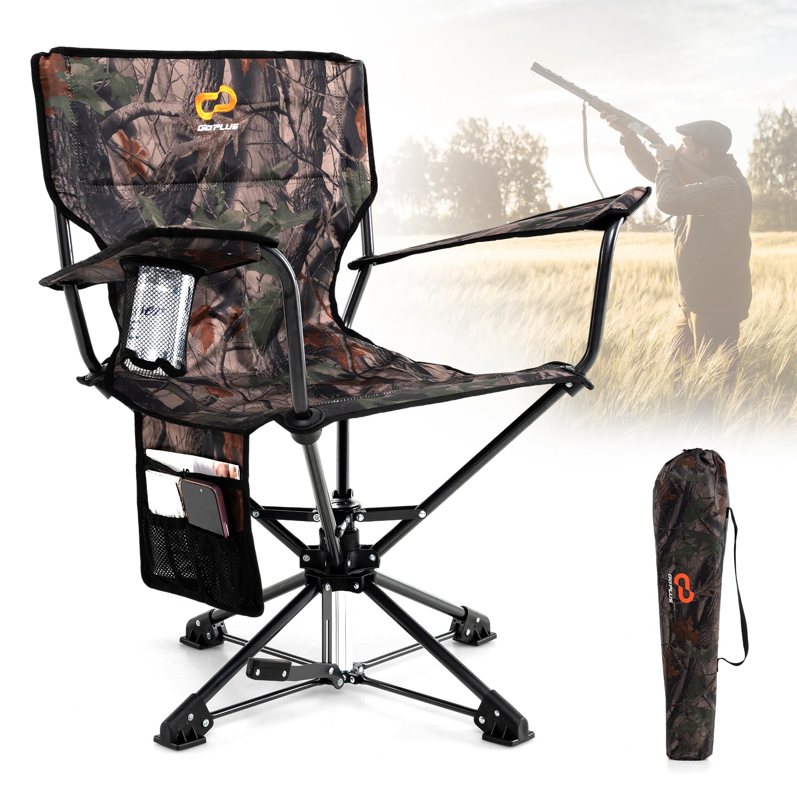 Goplus 360 Swivel Hunting Chair, Folding Hunting Blind Chair For Adults With Cup Holder & Carrying Bag, Lightweight Portable Cam