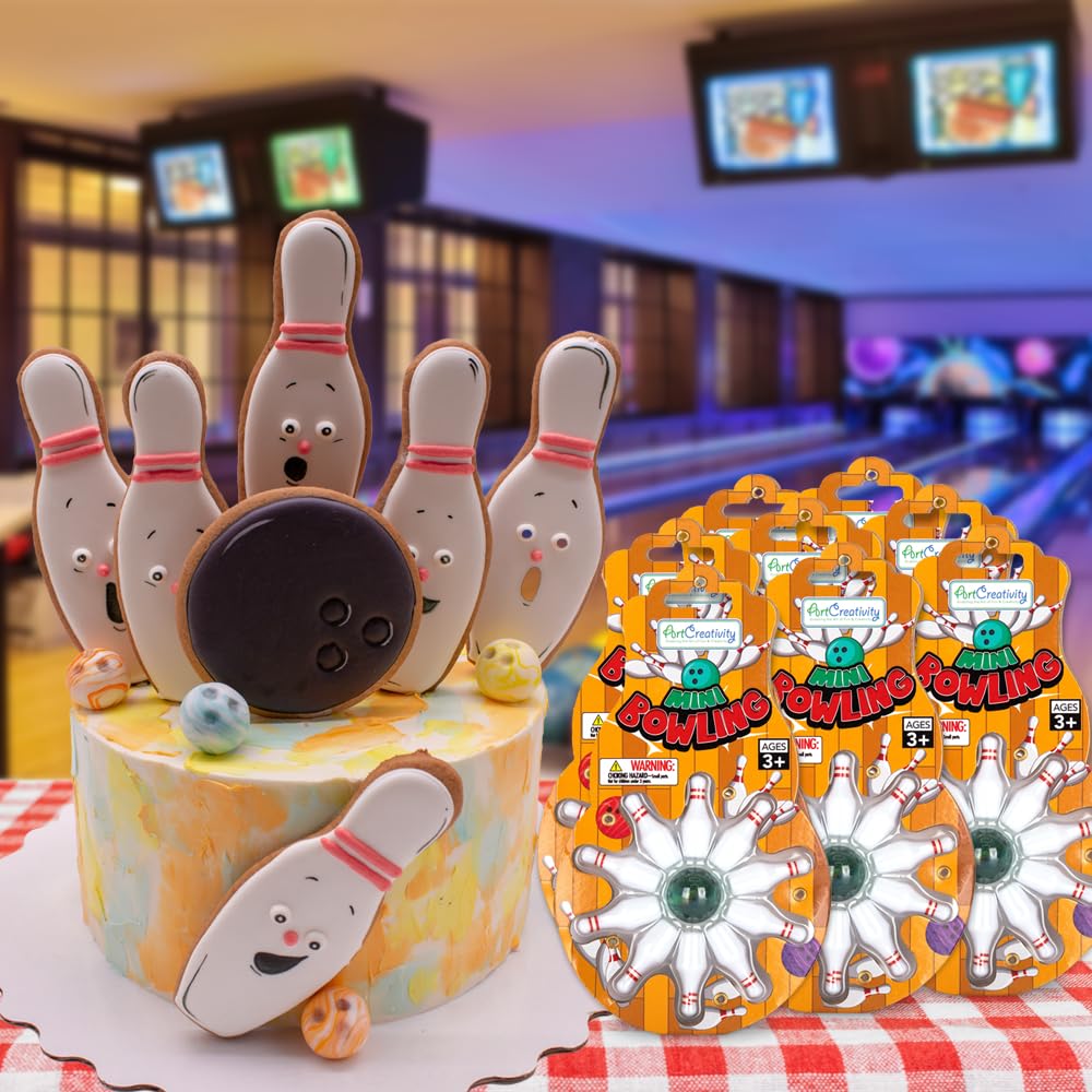 Artcreativity Mini Bowling Game, Set Of 12, Each Set Includes 10 Miniature Pins And 1 Marble Bowling Ball, Bowling Party Favors,