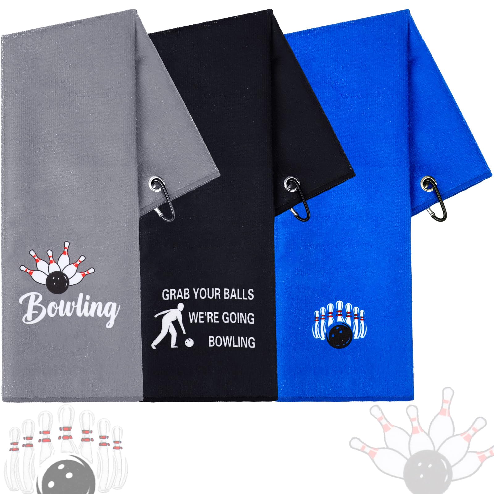 Newwiee 3 Pcs Bowling Towel Grab Your Ball We're Going Ball Towel for Bags with Clip Bowling Gifts for Men Women Fans Christmas 