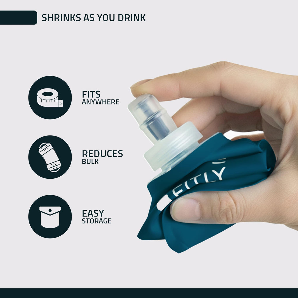 FITLY Soft Flask - 10 oz (300 ml) - Shrink As You Drink Pocket Soft Water Bottle for Hydration Pack/Running Vest - Folding Water