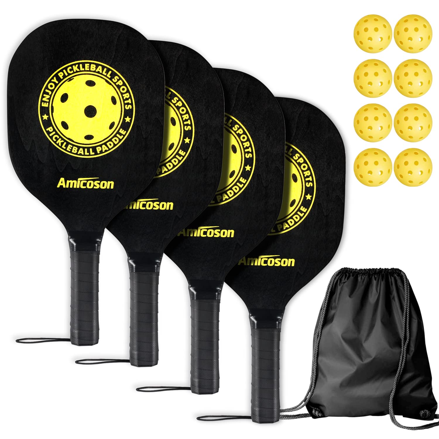 Amicoson Pickleball Paddles - Set Of 4 Paddles, Indoor & Outdoor Balls, Paddle Wood Racket Ergonomic Cushion Grip, 8 Balls 1 Car
