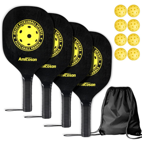 Amicoson Pickleball Paddles - Set Of 4 Paddles, Indoor & Outdoor Balls, Paddle Wood Racket Ergonomic Cushion Grip, 8 Balls 1 Car