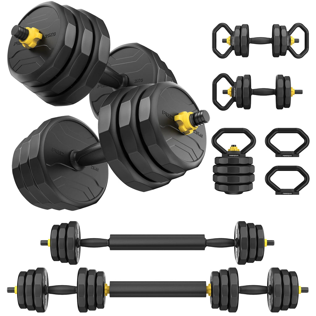 FEIERDUN 4-in-1 Adjustable Dumbbells,48lbs Free Weight Set for Home Gym - Use as Barbell, Kettlebells, Push-Up Stand - Ideal for