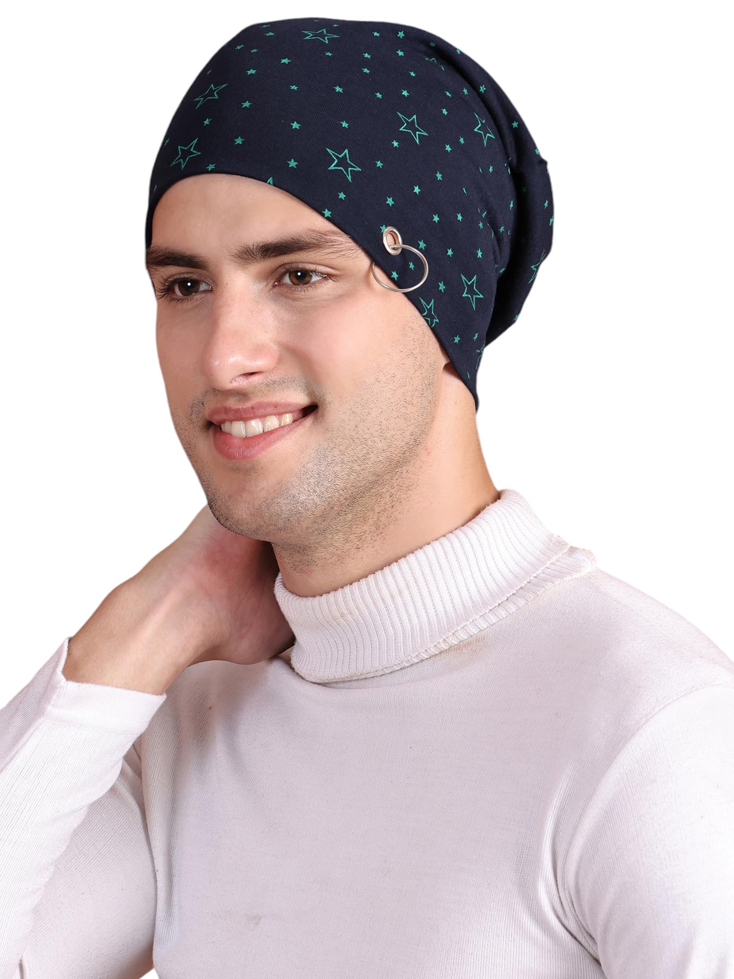 Mack Jonney Navy Blue Printed Cotton Blended Free Size Beanie Cap For MenRing_Cap_PrtNo.1Nvy_01