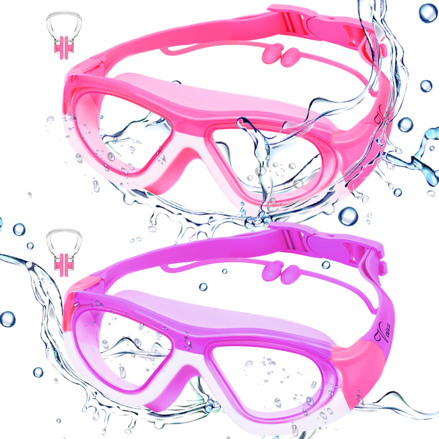 Vvinca Kids Swim Goggles, 2 Pack Swimming Goggles Wide View Anti-Fog Anti-Uv Pool Goggles, No Leak Quick Adjustable Strap Swimmi