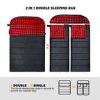 Redcamp Large Cotton Double Sleeping Bag For Adults, 2 Person Cold Weather Warm Queen Size Flannel Sleeping Bags For Camping, Bl