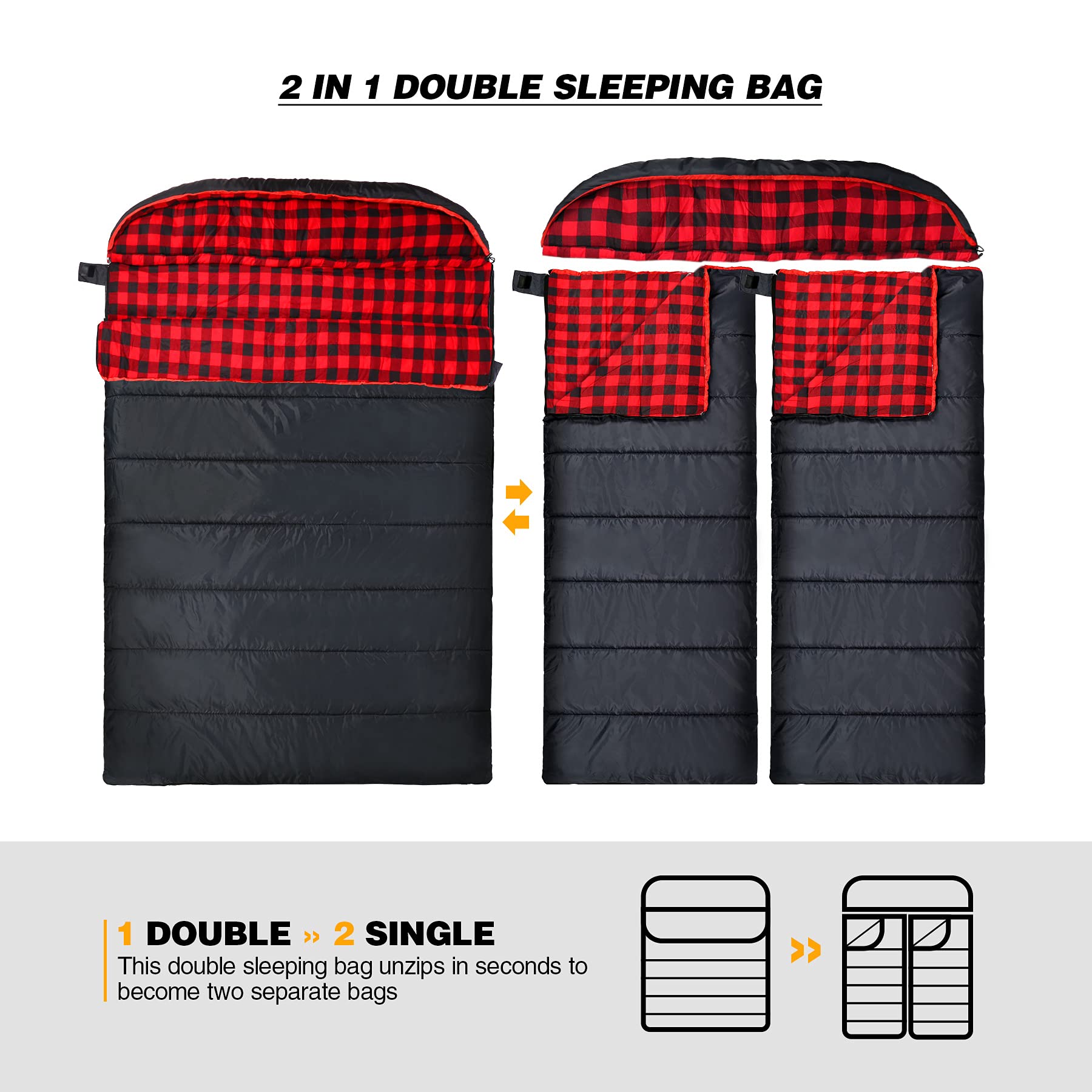 Redcamp Large Cotton Double Sleeping Bag For Adults, 2 Person Cold Weather Warm Queen Size Flannel Sleeping Bags For Camping, Bl
