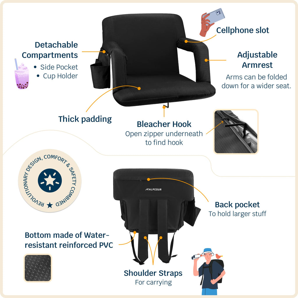 Alpcour Folding Stadium Seat - 25-Inch Extra Wide Padded Adults Camping Reclining Waterproof Bleacher Chair - Best Ultra Extra T