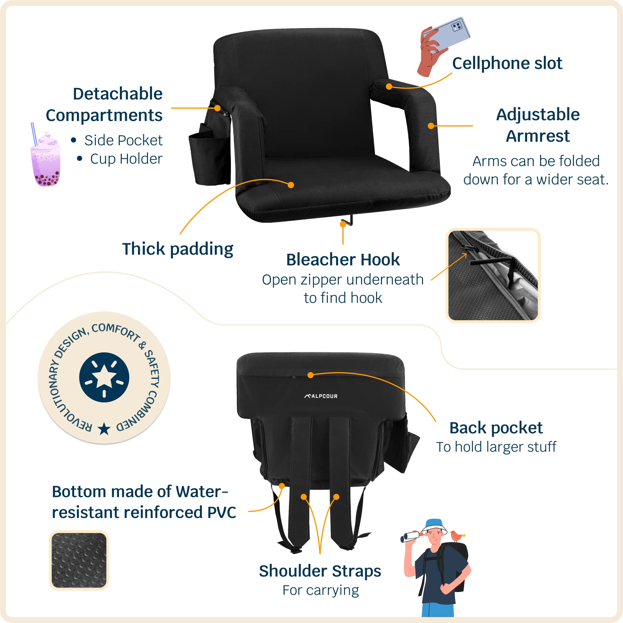 Alpcour Folding Stadium Seat - 25-Inch Extra Wide Padded Adults Camping Reclining Waterproof Bleacher Chair - Best Ultra Extra T