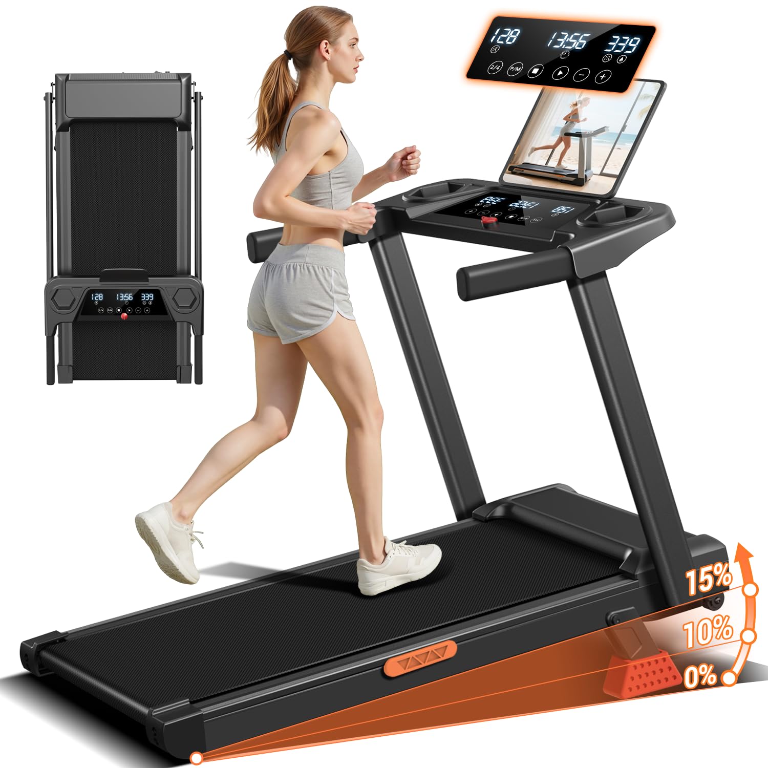 12% Incline Treadmill with Handle, 3-in-1 Portable Treadmills for Home and Office, Foldable Treadmills with 300 Lbs Weight Capac