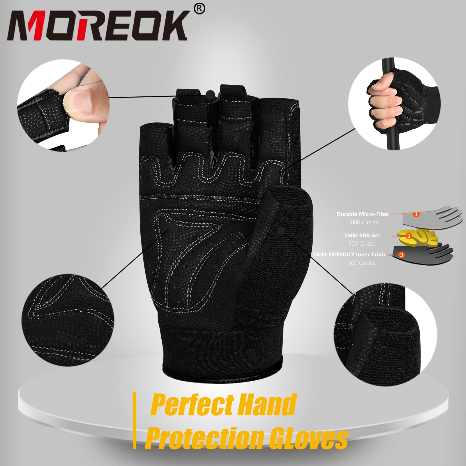 Moreok Workout Gloves Padded Weight Lifting Gloves For Men/Women, [3Mm Gel] Fingerless Grip Gym Gloves Fitness Gloves Black-Xl