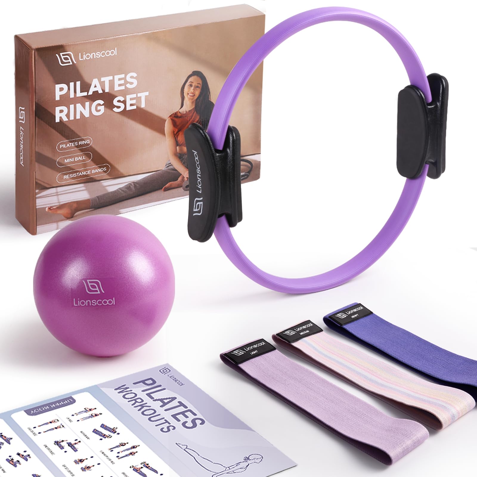 LIONSCOOL Pilates Ring Set (Purple) - 14 Pilates Ring, 9 Pilates Mini Ball and Three Fabric Resistance Bands Included