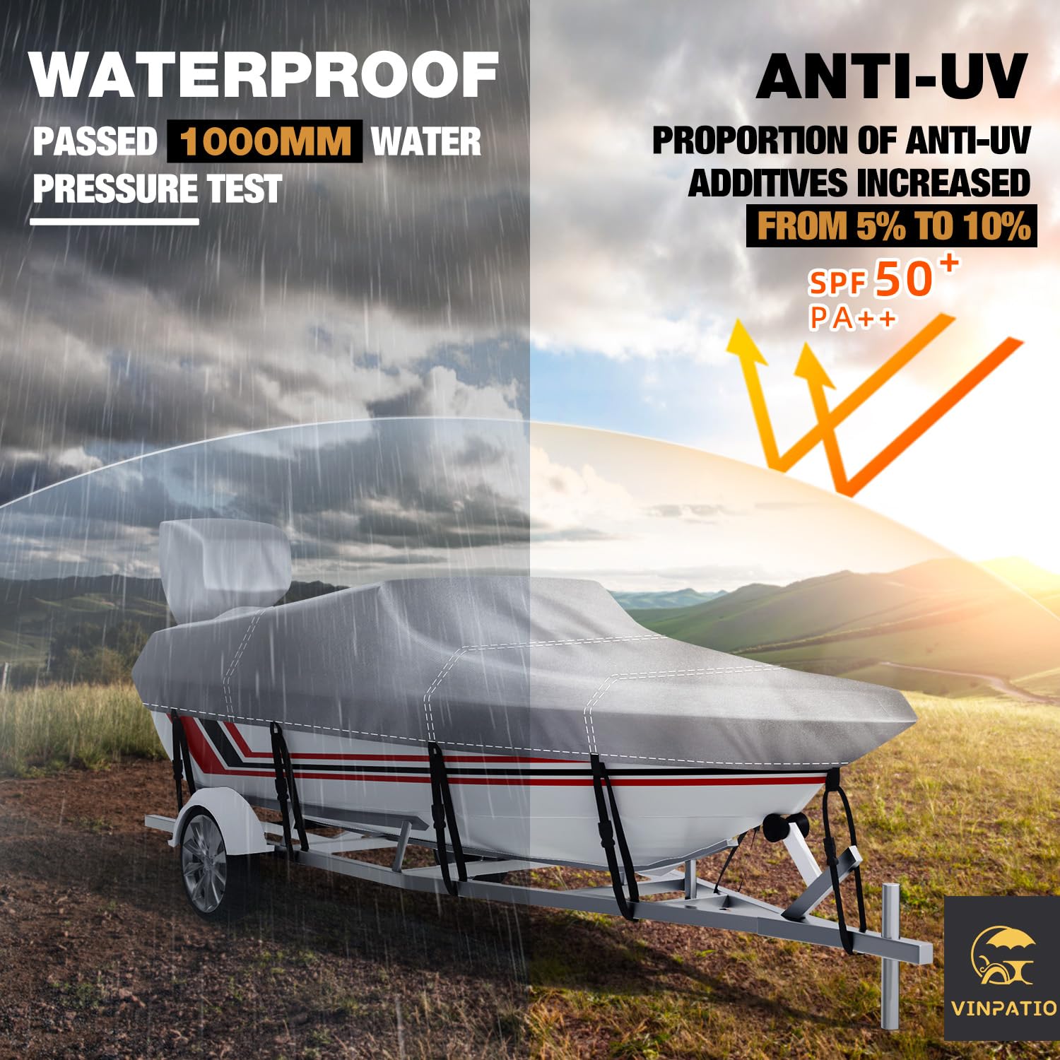 Vinpatio Boat Cover With Motor Cover, 20-22 Ft Heavy Duty 100% Waterproof Boat Covers Marine Grade Bass Boat Cover Fits V-Hull R