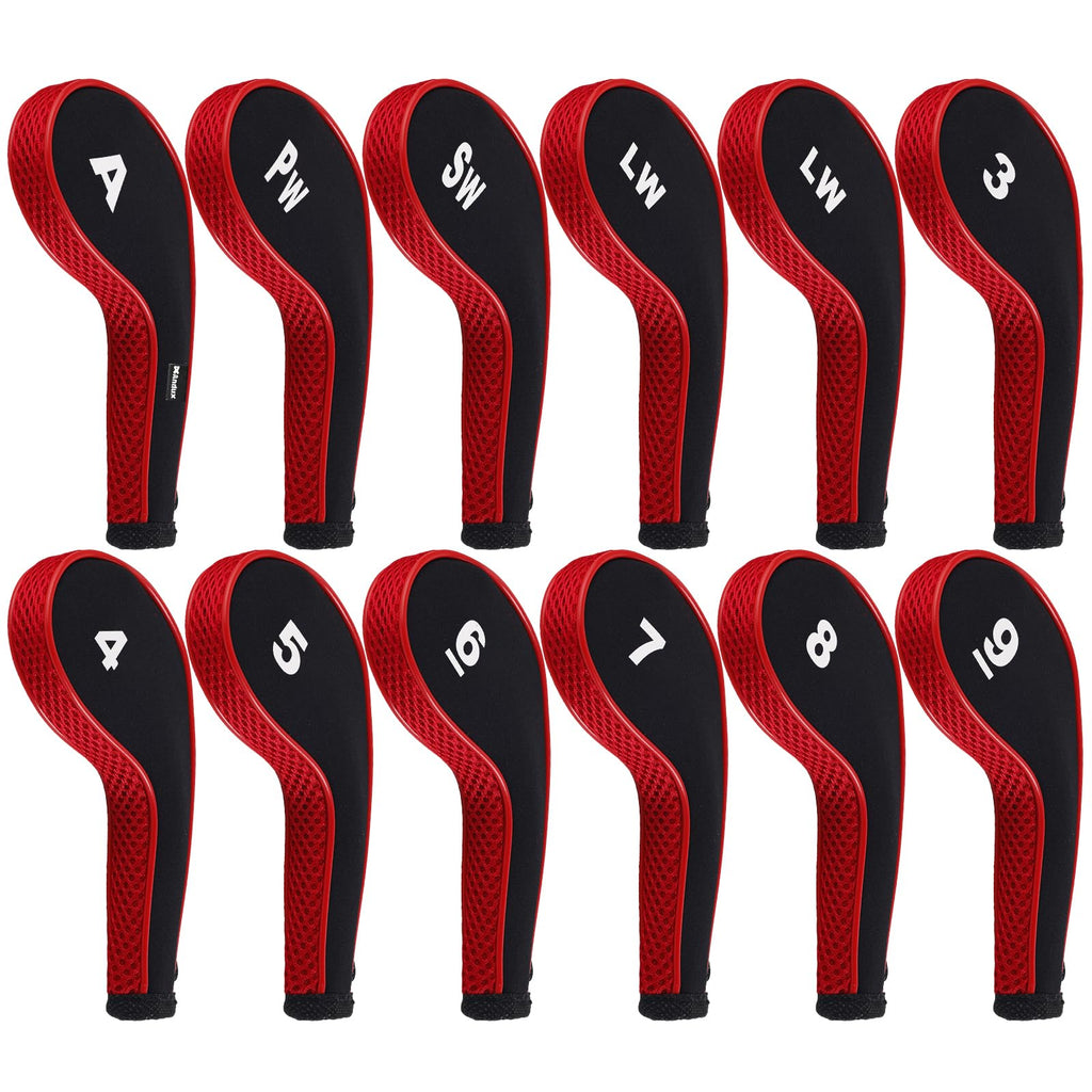 Andux Number Print Golf Iron Club Head Covers Long Neck With Zipper 12Pcs/Set Black/Red