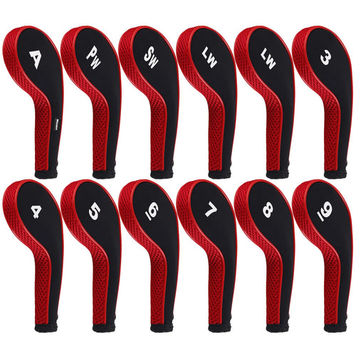 Andux Number Print Golf Iron Club Head Covers Long Neck With Zipper 12Pcs/Set Black/Red