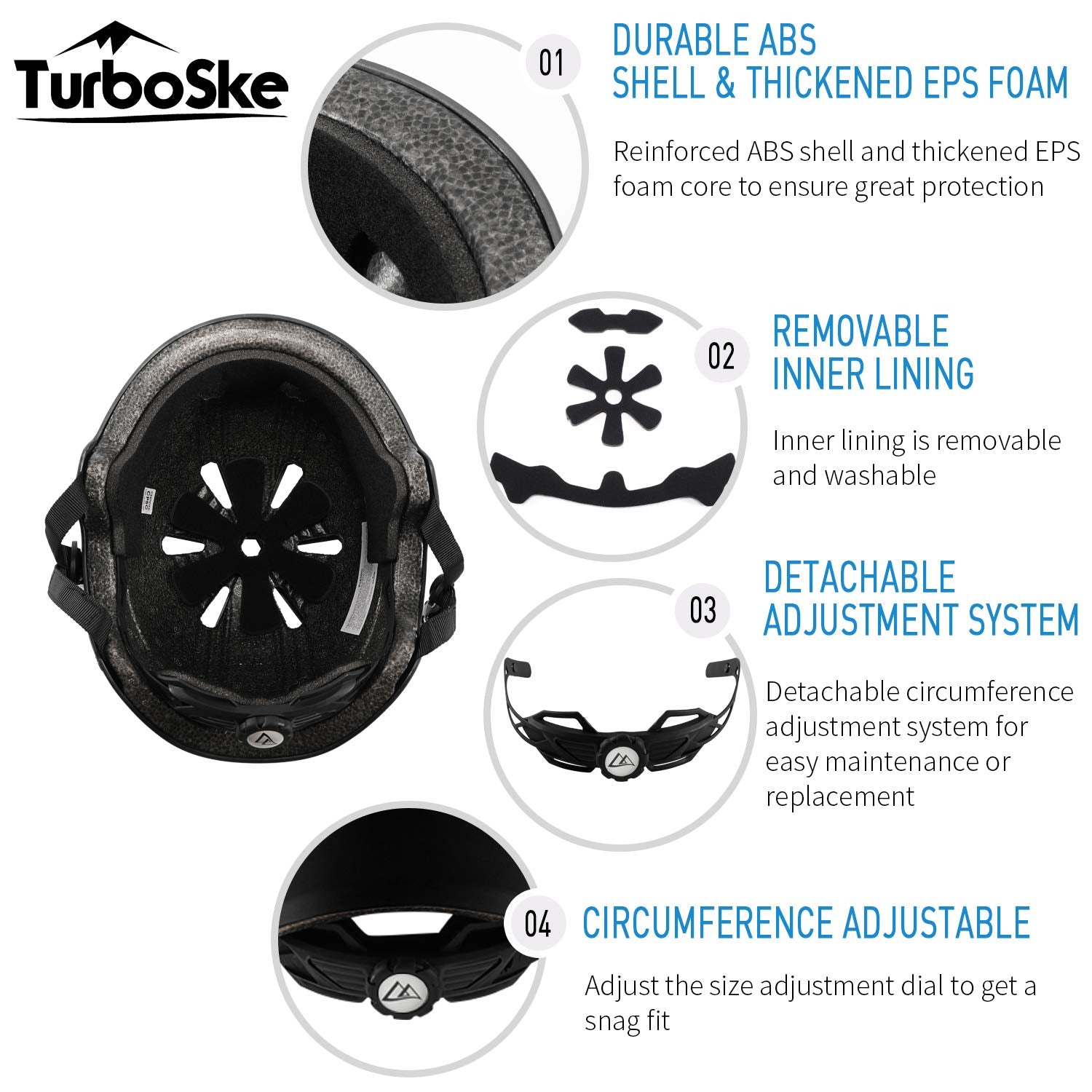 Turboske Skateboard Helmet, Bmx Helmet, Multi-Sport Helmet, Bike Helmet For Kids, Youth, Men, Women (Black, S/M (20.5''-22.8''))