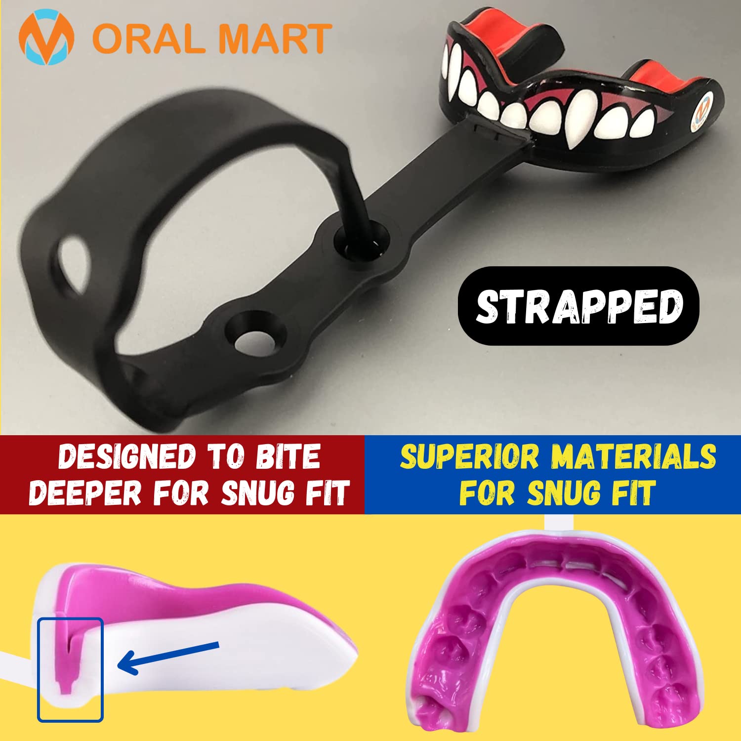 Oral Mart Vampire Fangs Strapped Youth Mouth Guard For Kids - Sports Mouthguard With Strap For Ice Hockey, Football, Lacrosse, T