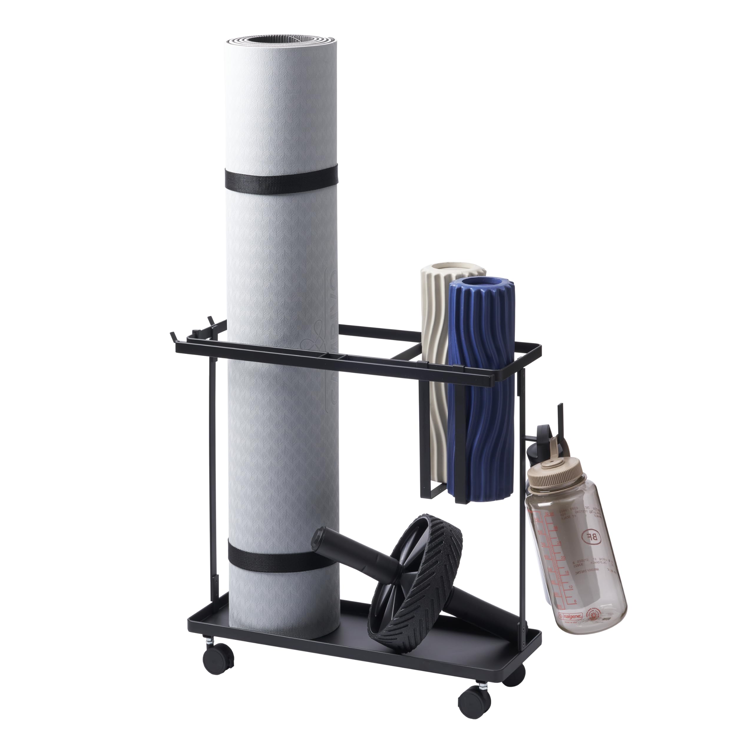 YAMAZAKI Home Tower Rolling Slim Fitness Rack with Adjustable Holder, Casters, Hooks for Gear Organization - Steel