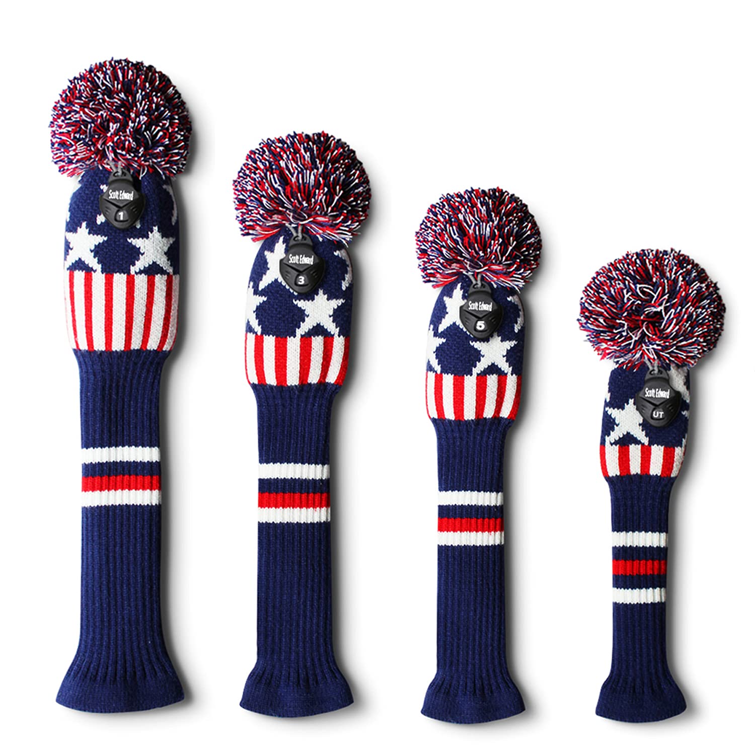 Scott Edward Knit Golf Club Cover With A Pom Set Of 4 Orderly Black And White Dot Head Covers Protect Driver Wood(460Cc) Fairway