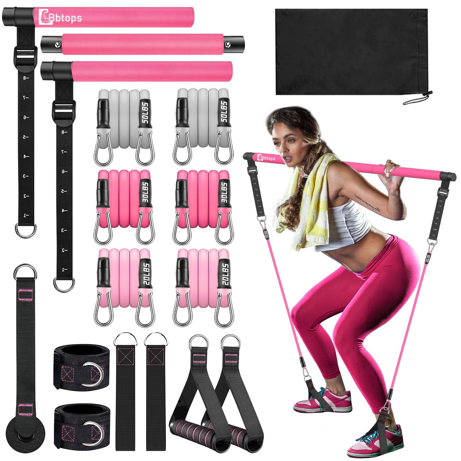 Pilates Bar Kit with Resistance Bands, Adjustable 3-Section Pilates Bar with Stackable Bands Workout Equipment for Legs,Hip,Wais