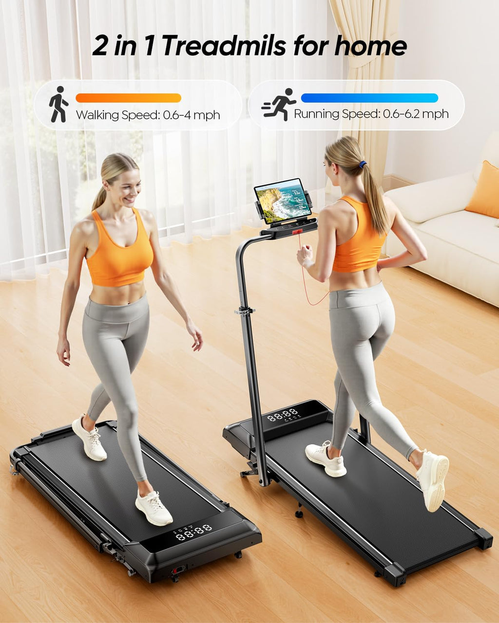 Walking Pad Treadmill with 12% Incline, Folding Treadmill with Adjustable Height Handle Bar for Home/Office