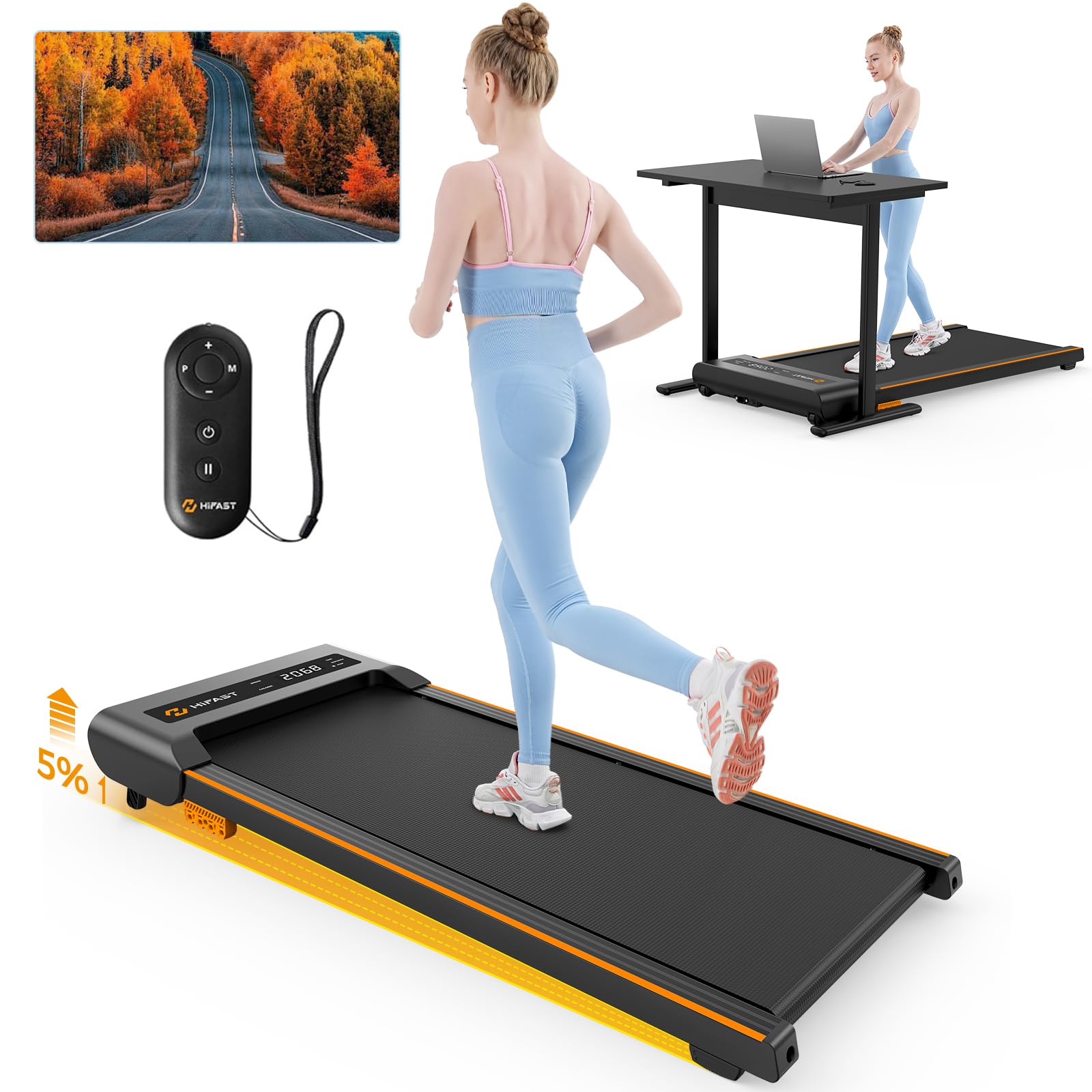 HiFast Walking Pad with Incline, Under Desk Treadmill for Home, 2.5 HP Portable Treadmills with Incline, Compact Treadmill Small