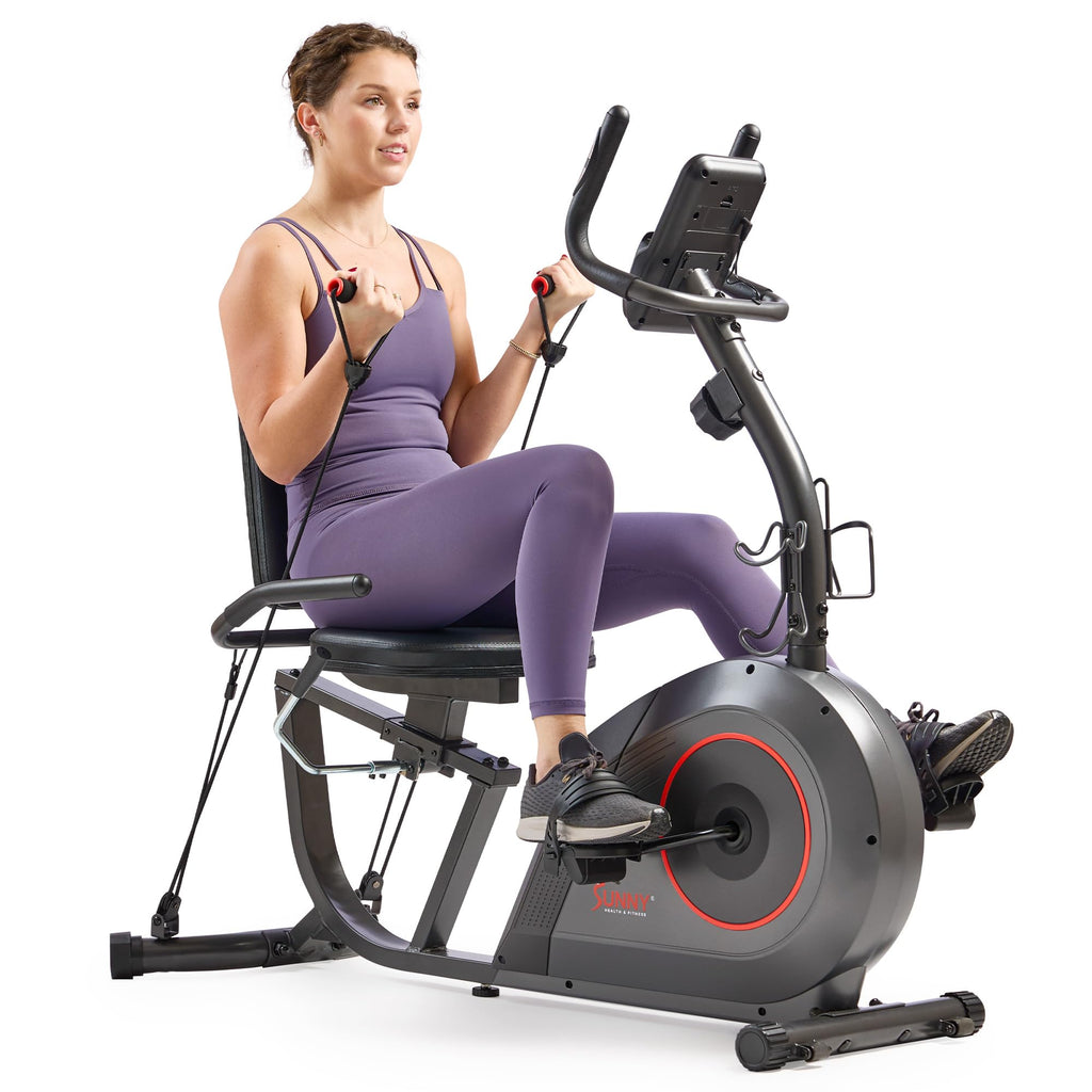 Sunny Health & Fitness Smart Recumbent Bike W/Workout Bands, 300Lb Capacity Compact Equipment For Indoor Full-Body Exercise, Adj