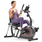 Sunny Health & Fitness Smart Recumbent Bike W/Workout Bands, 300Lb Capacity Compact Equipment For Indoor Full-Body Exercise, Adj