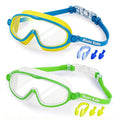Blumi Goggles Kids, 2 Pack, Ages 3-14, Wide View, Anti-Fog Anti-UV, One-Button Quick Release, No Hair Tangling (Blue + Green)