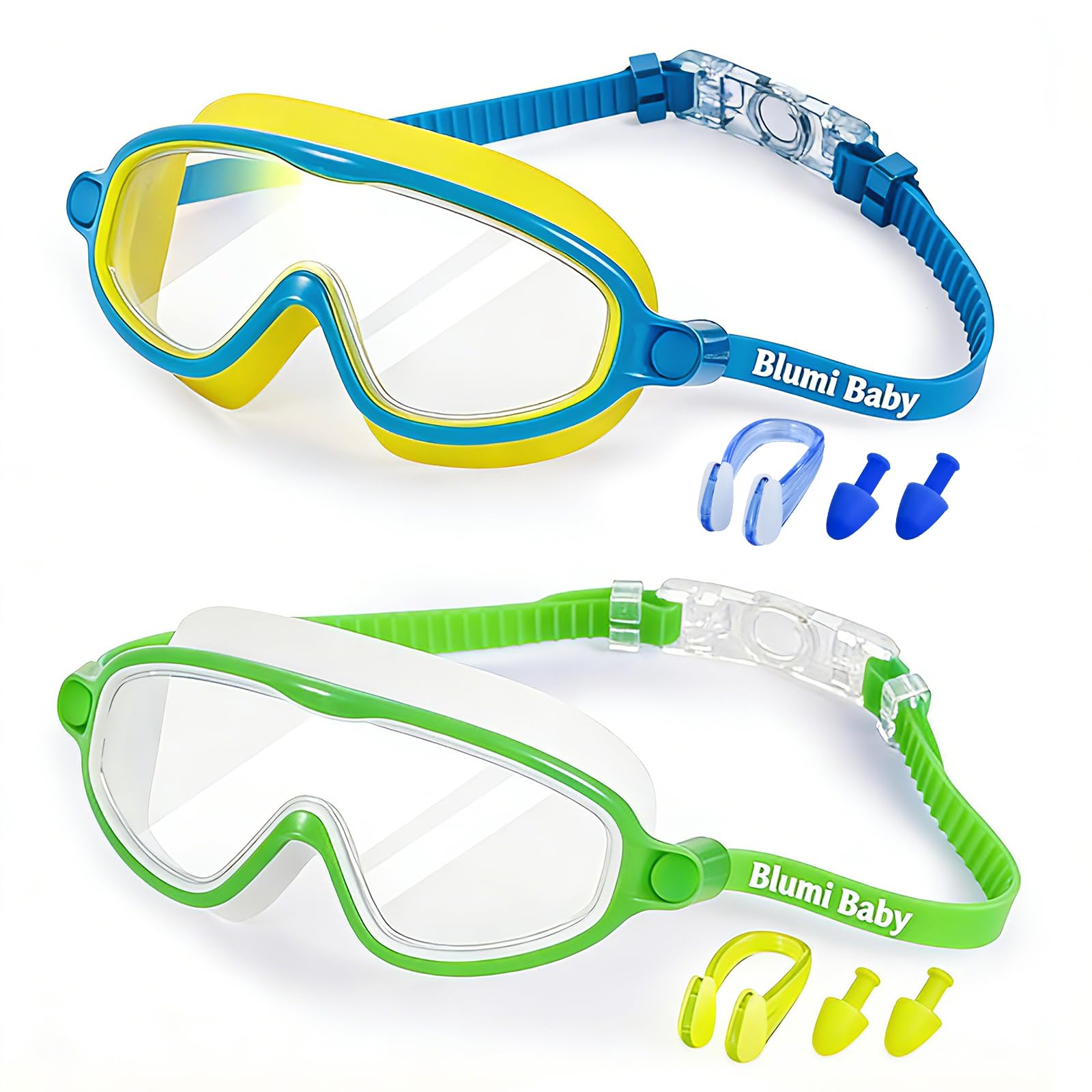 Blumi Goggles Kids, 2 Pack, Ages 3-14, Wide View, Anti-Fog Anti-UV, One-Button Quick Release, No Hair Tangling (Blue + Green)