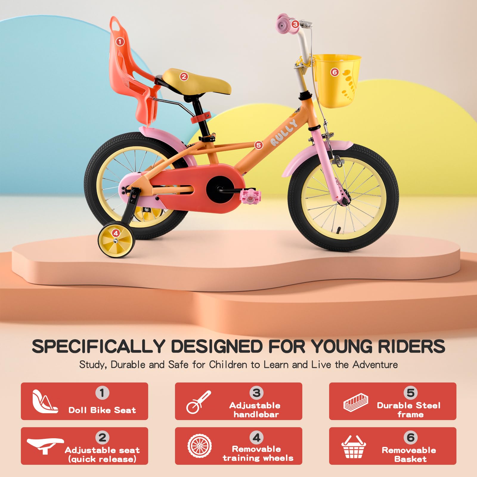 Rully Toddler Bike For 2 3 4 Years Children, 12 Inch Cycle With Training Wheels, Doll Seat, Basket, Handbrake For Girls & Boys,