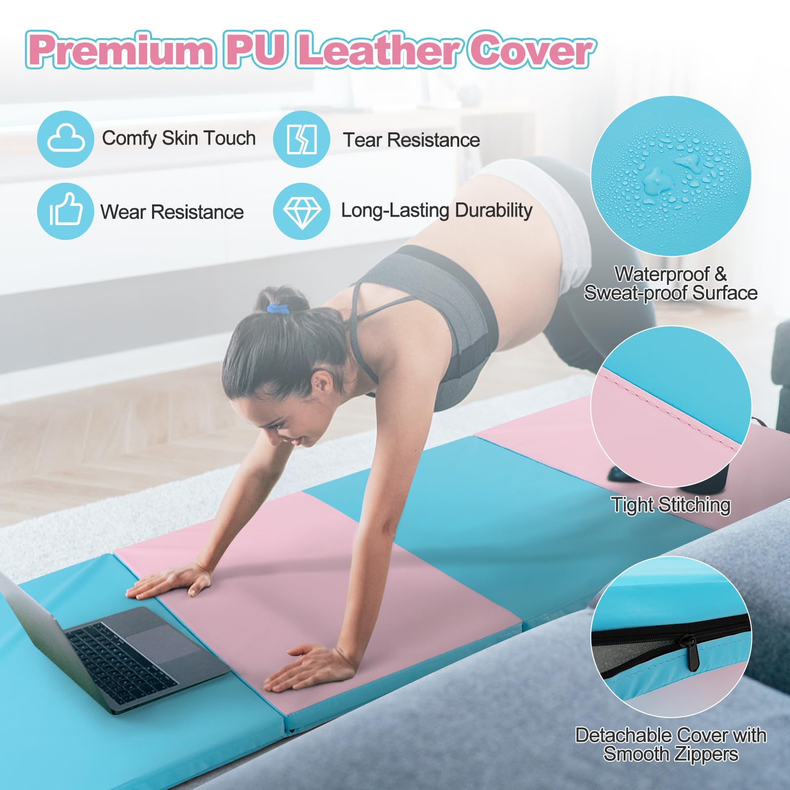 Goplus 8 X 4 X 2'' Gymnastics Mat, Folding Tumbling Mat With Carry Handles, Hook & Loop Fasteners, 4 Panels For Fitness Exercise