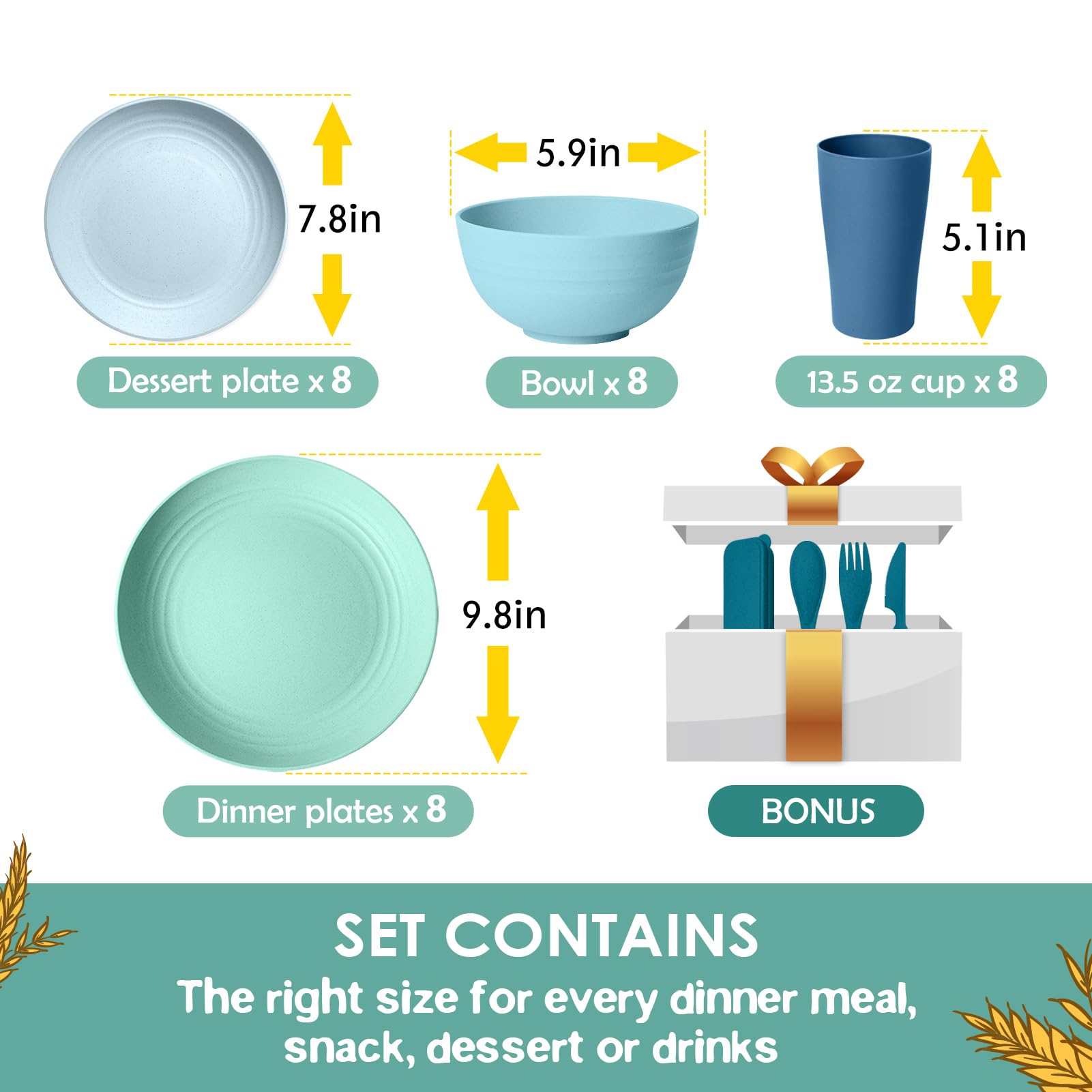 Teivio 32-Piece With Flatware Kitchen Plastic Wheat Straw Dinnerware Set, Service For 8, Dinner Plates, Dessert Plate, Cereal Bo