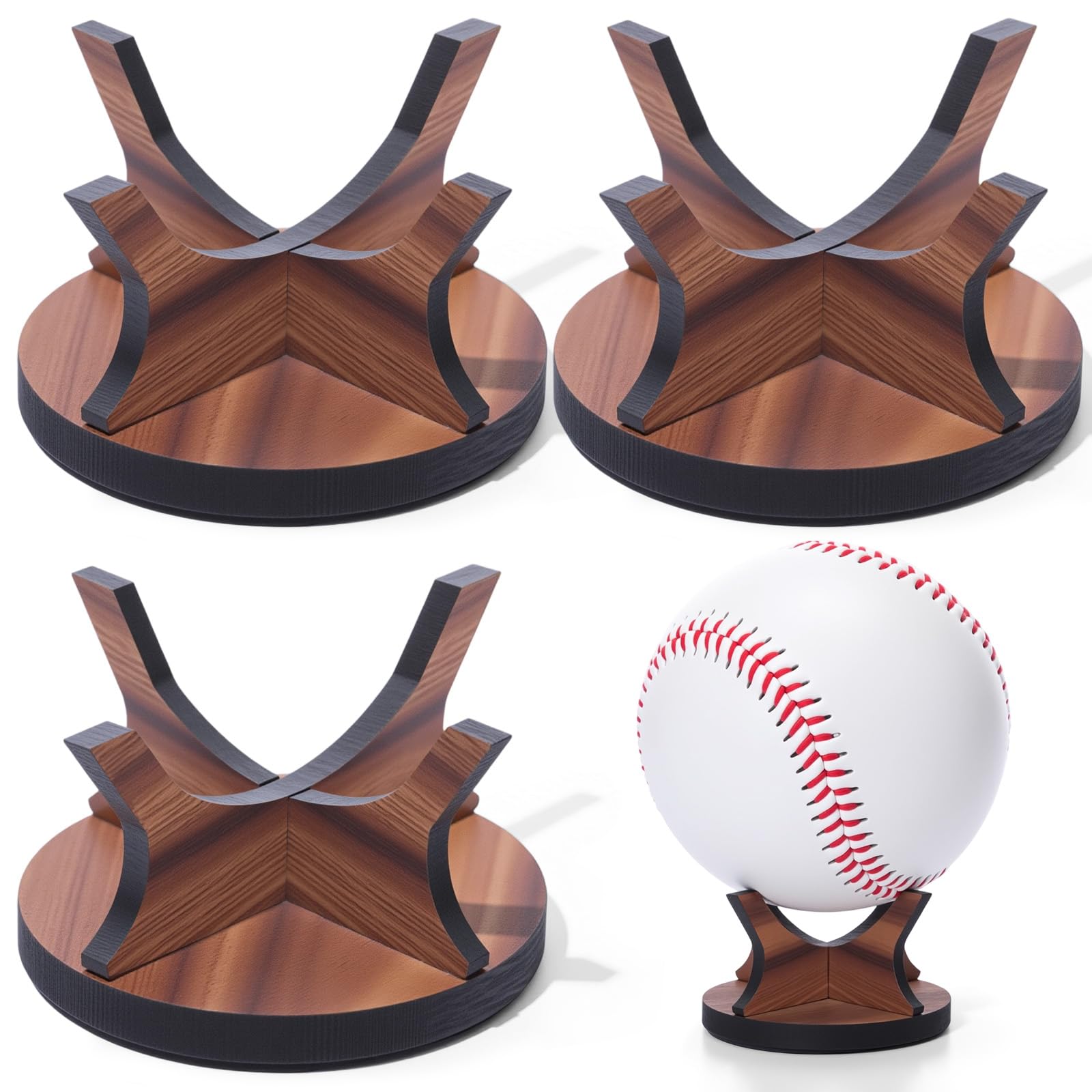 Sumind 3 Pcs Walnut Small Ball Stand Holder Sport Ball Display Rack Baseball Display Stand with 3 Pieces Non-slip Rubber Pads fo