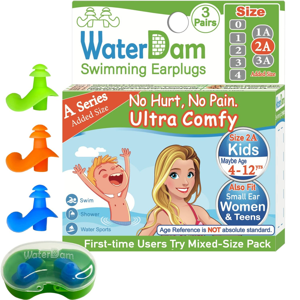 Waterdam A-Series Swimming Ear Plugs Ultra Comfy Great Waterproof Earplugs (Size 2A, Size 2A+2A+2A: Kids Teens Small&Medium Ear 