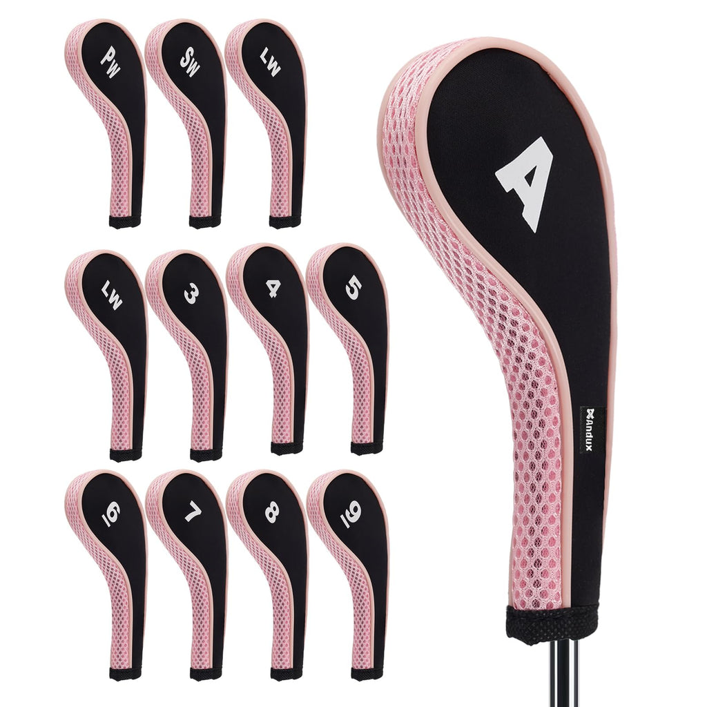 Andux Number Print Golf Iron Club Head Covers Long Neck With Zipper 12Pcs/Set Black/Pink