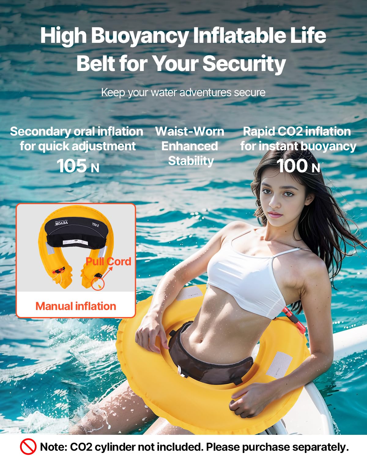 Vevor Manual Inflatable Belt Pack For Adults, 105N Buoyancy, Over 80 Pounds And Up To 59 In Waist Adjustable, Inflatable Pfd Wai