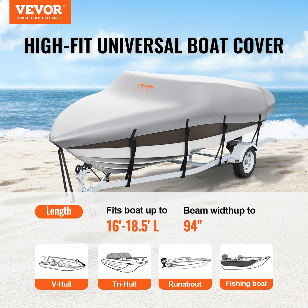 Vevor Boat Cover, 16'-18.5' Trailerable Waterproof Boat Cover, 600D Marine Grade Pu Oxford, With Motor Cover And Buckle Straps,