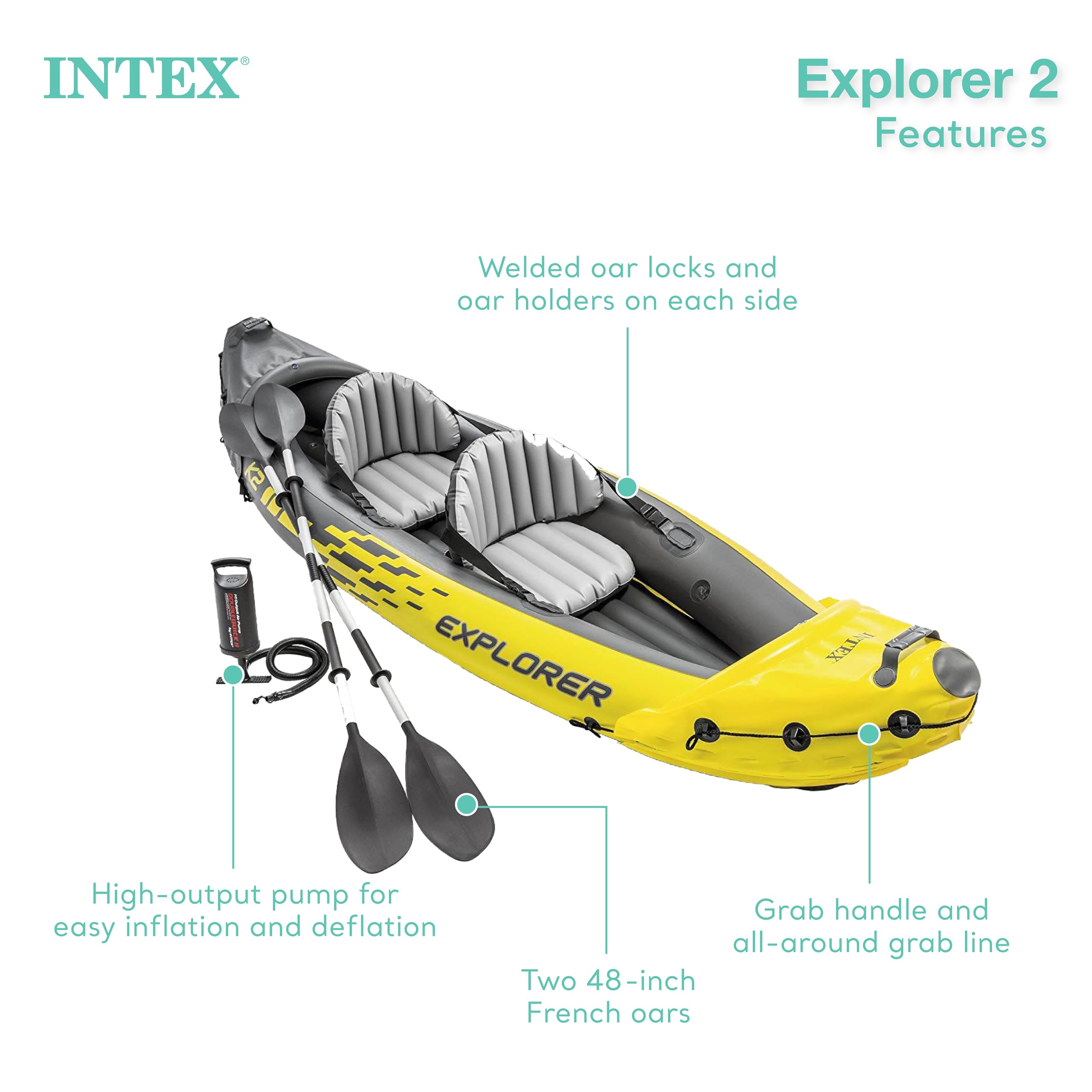 Intex 68307Ep Explorer K2 Inflatable Kayak Set: Deluxe 86In Kayak Paddles And High-Output Pump - Adjustable Seats With Backrest