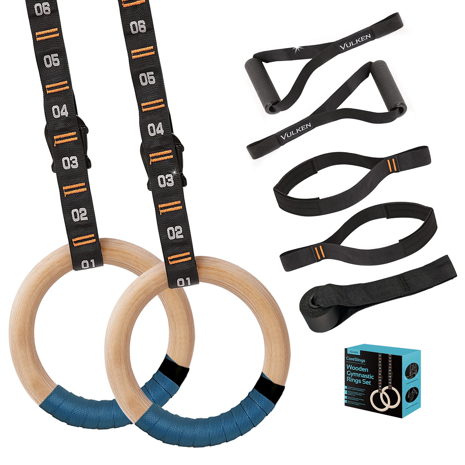Vulken Wooden Gymnastic Rings With Adjustable Numbered Straps. 1.25'' Olympic Rings For Core Workout, Crossfit, Bodyweight Train