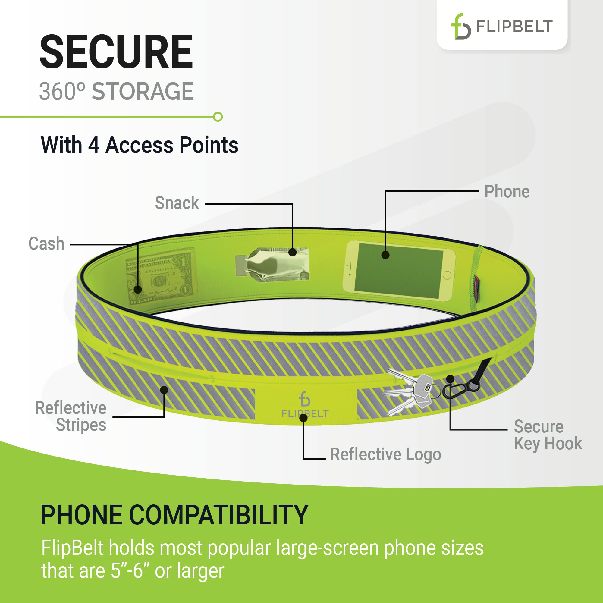 FlipBelt Classic Running Belt for Phone and Small Accessories, Exercise Waist Pouch for Women and Men, XS, Reflective Neon Yello