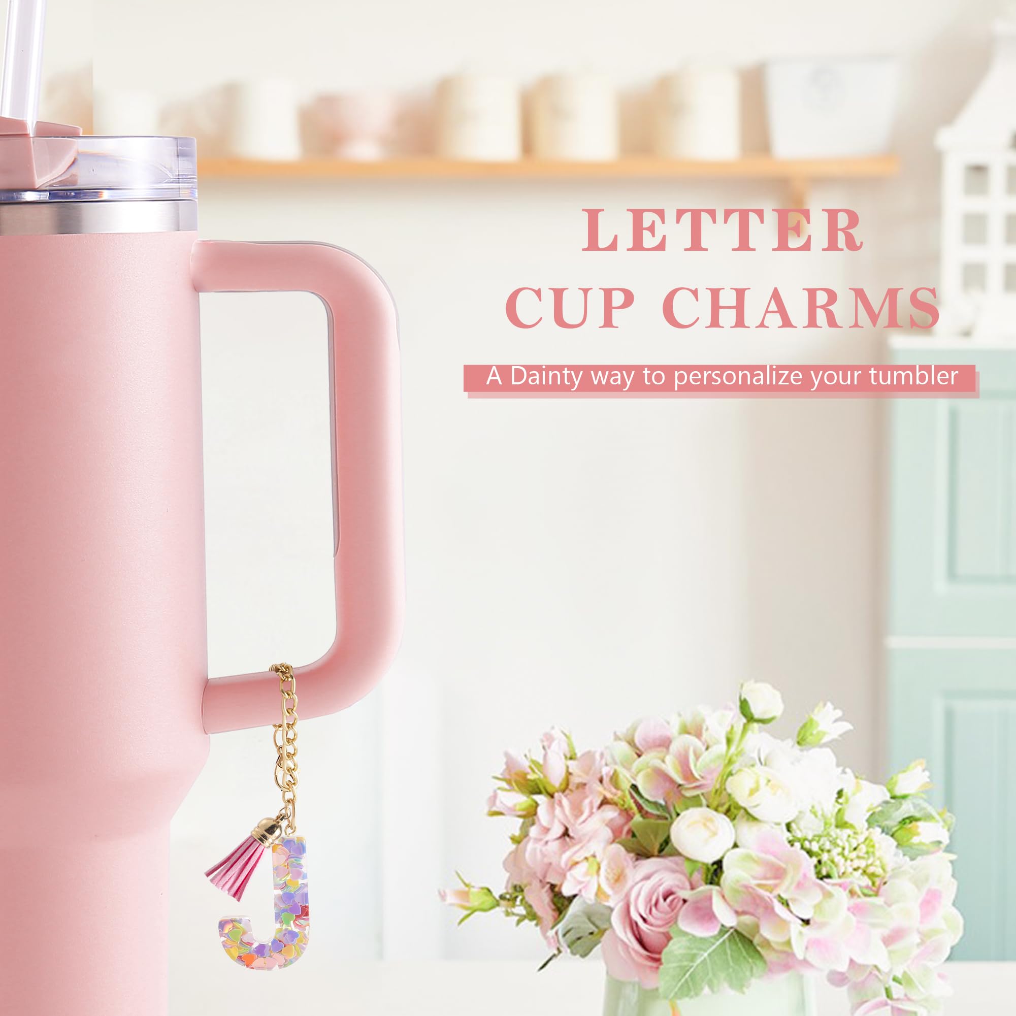CCINPPY Letter Charm Accessories for Stanley Cup 1 PCS Cute Initial Keychain Handle Charm for Stanley Tumbler for Women Pink Let