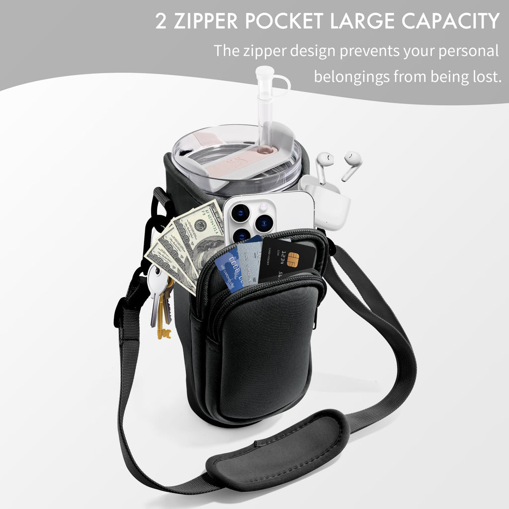Jebealuo Water Bottle Carrier Bag With Phone Pocket For Stanley Cup 40/30 Oz, Water Bottle Holder With Adjustable Strap& Straw C