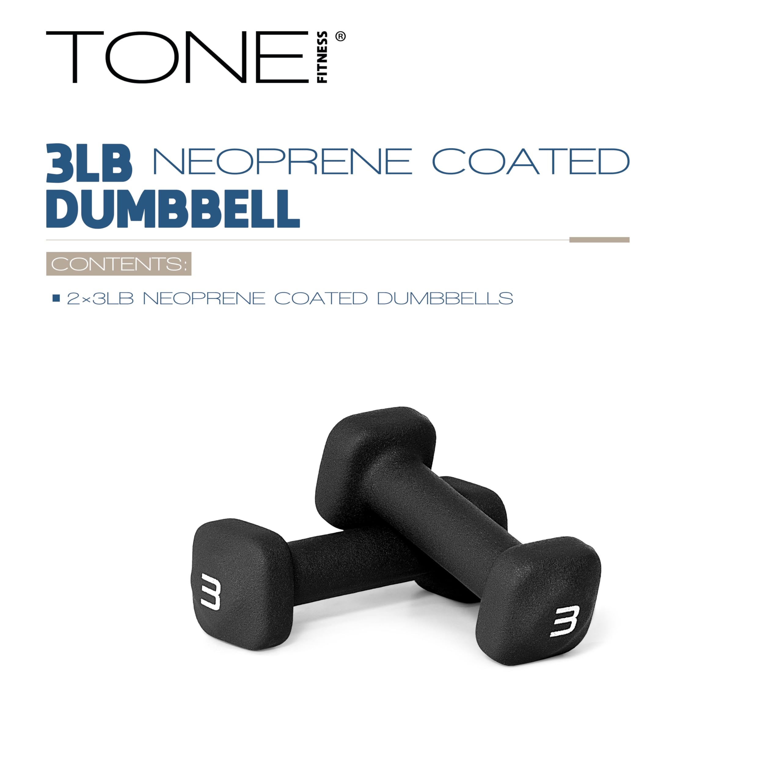 Tone Fitness 3 lb Neoprene Dumbbell Pair for Home Workouts - Non-Slip Design - Black