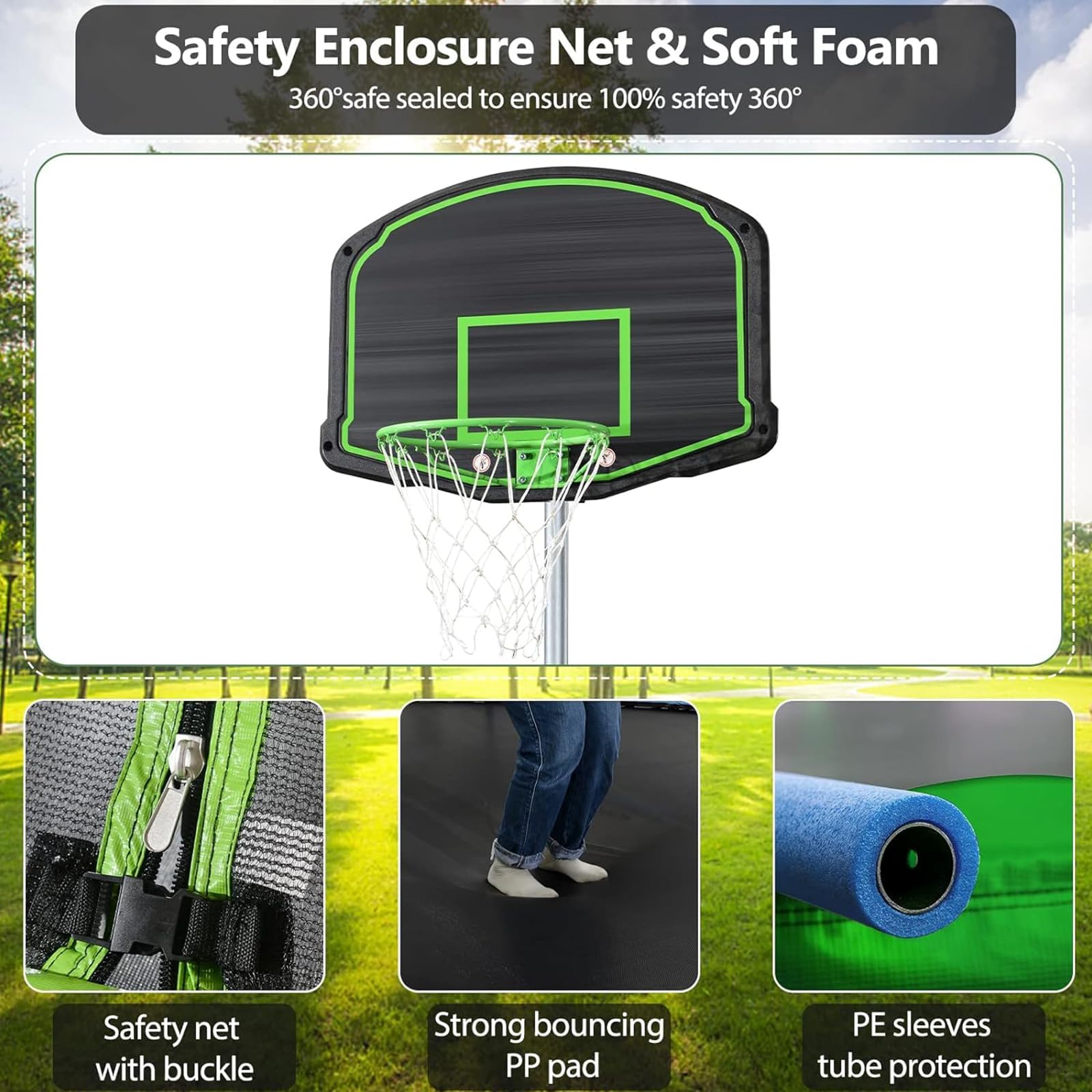 Lyromix 14FT Trampoline with Slide and Swings, Large Outdoor Trampoline with Basketball Hoop, Ladder, Light and Net, Capacity fo
