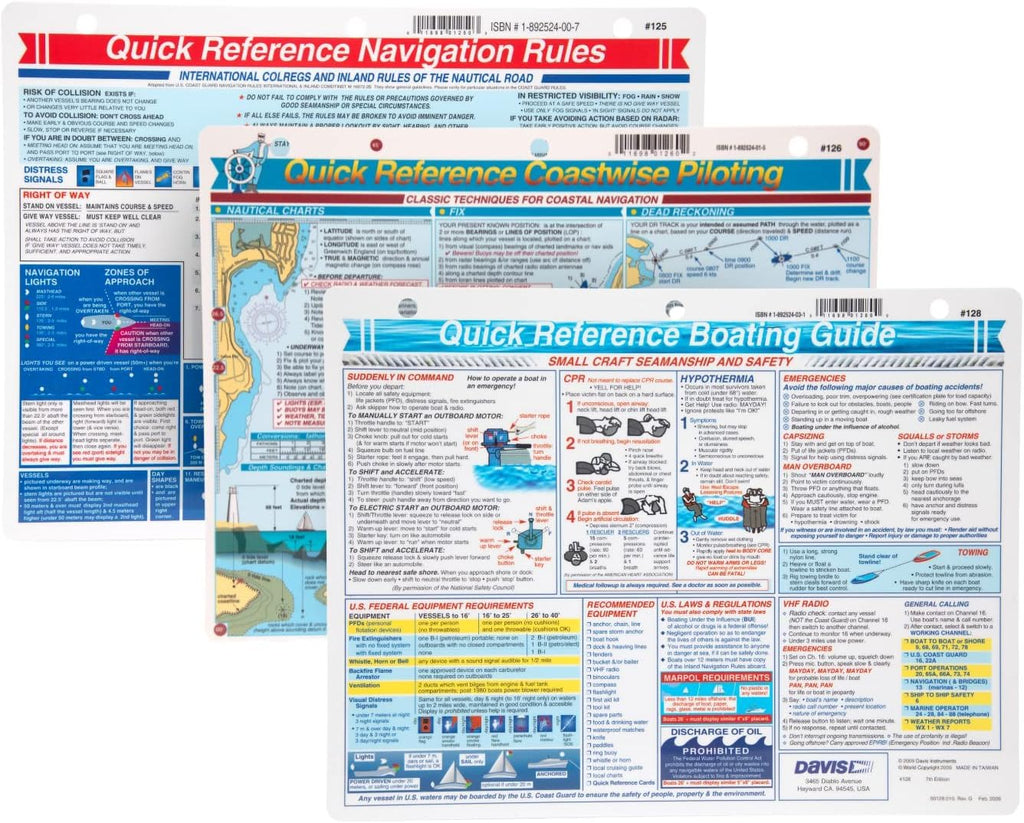 Davis Instruments Waterproof Boating Quick Reference Cards Bundle - Navigation 125, Coastal Piloting 126 & Procedures 128 (3 Ite