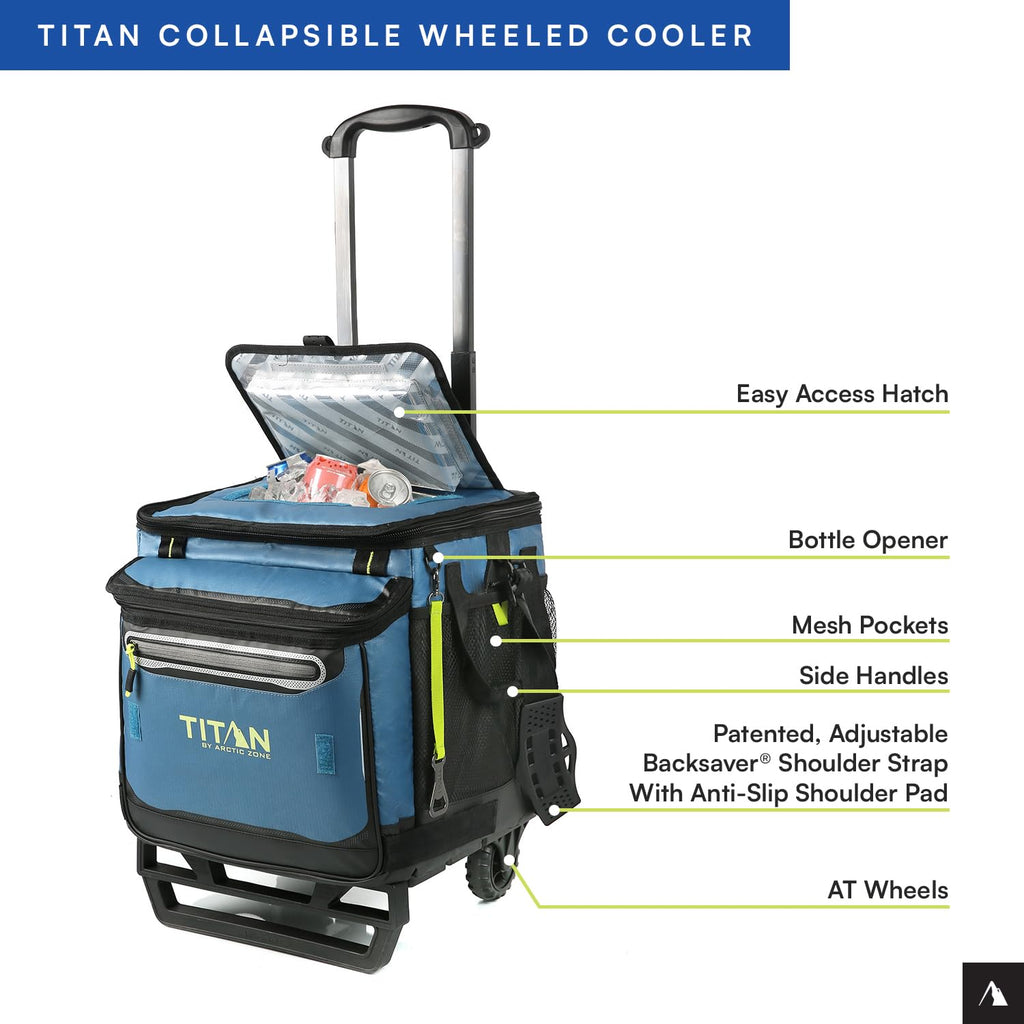Titan Deep Freeze 60 (50+10) Can Wheeled Cooler - Collapsible Rolling Cooler with Wheels and All-Terrain Cart, Marine Blue