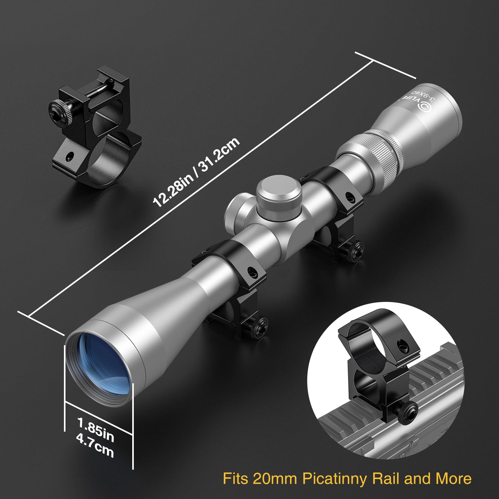 CVLIFE 3-9x40 Optics R4 Reticle Optics Crosshair Scope with 20mm Scope Mounts, Silver