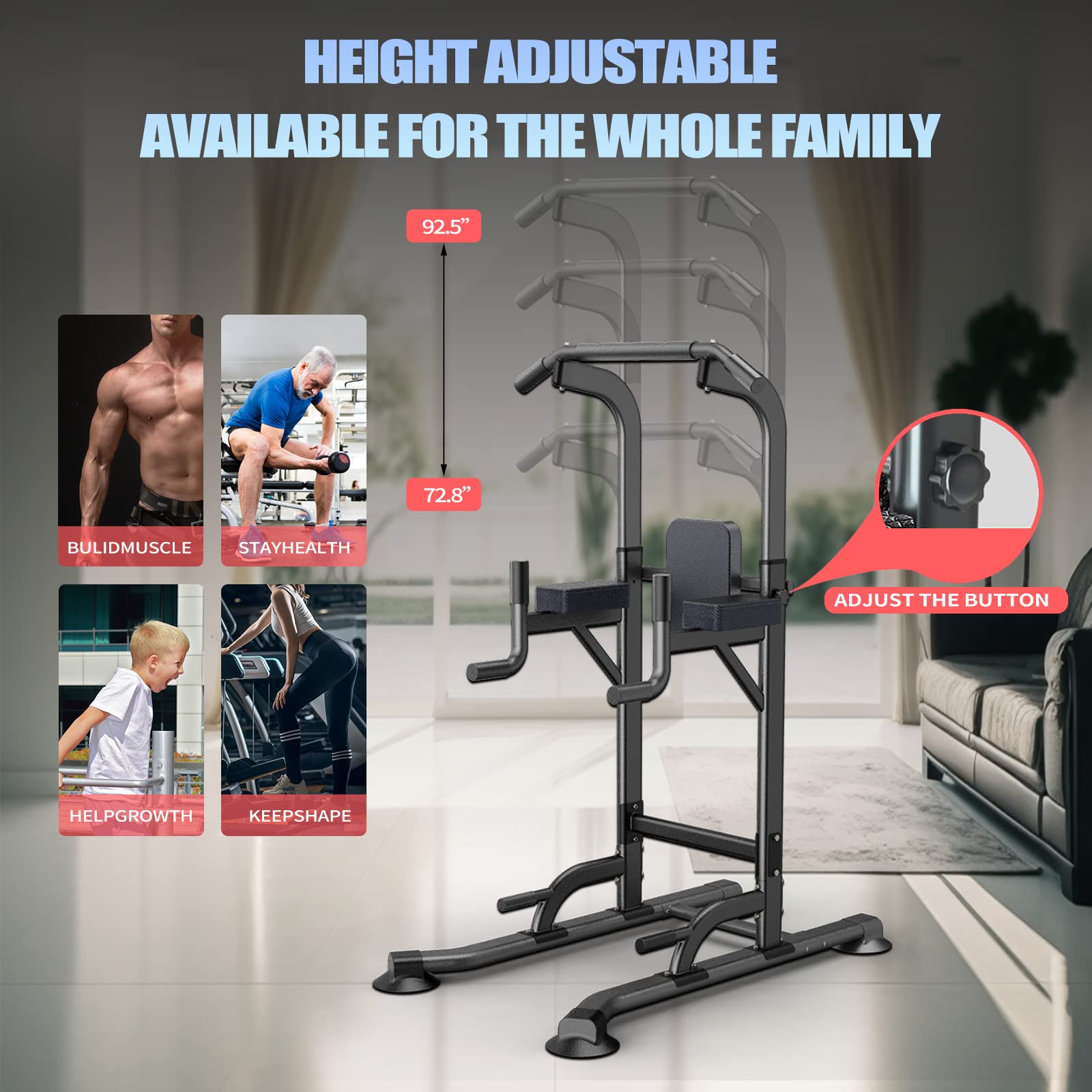 Power Tower Adjustable Height Pull Up Dip Station Multi-Function Home Strength Training Fitness Workout Station For Home Gym (K)